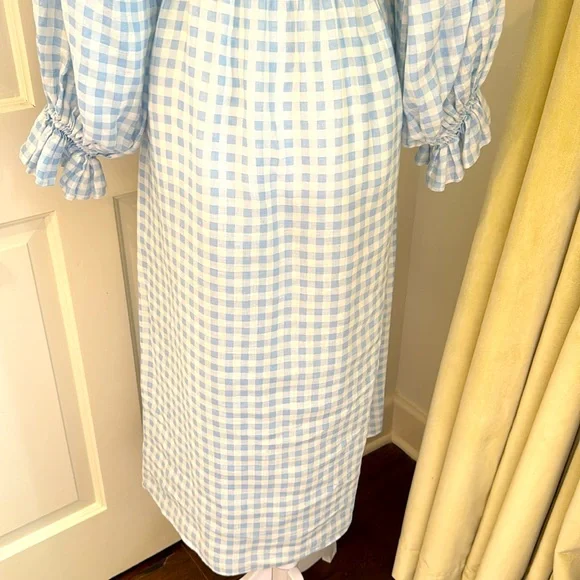 Sleeper- Atlanta Off-The-Shoulder Shirred Linen Midi Dress- Blue & White -Size:S - Picture 8 of 11